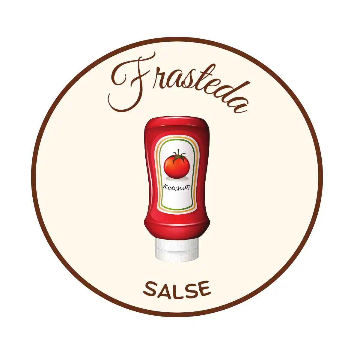 Una bottiglia di ketchup con un pomodoro sull'etichetta.