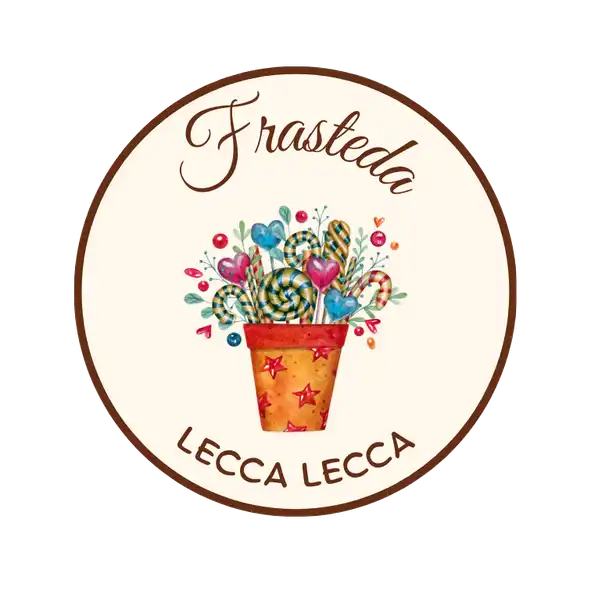 Un adesivo o un'etichetta circolare con un'illustrazione a tema dolciaria.