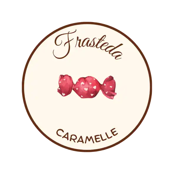 Un'etichetta circolare per caramella con un dolcetto incartato a forma di cuore rosso.