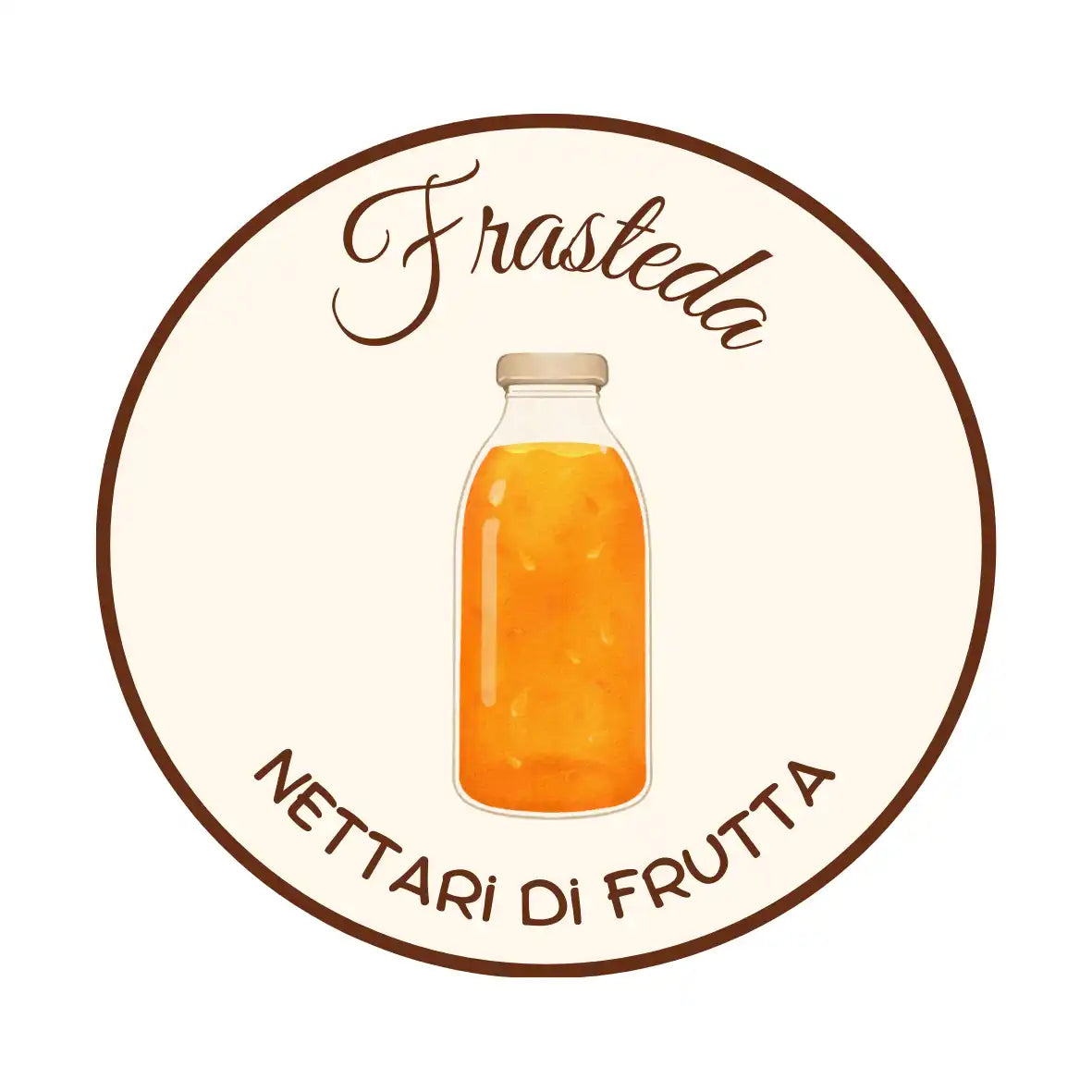 Un'etichetta circolare che raffigura una bottiglia di succo d'arancia con polpa.