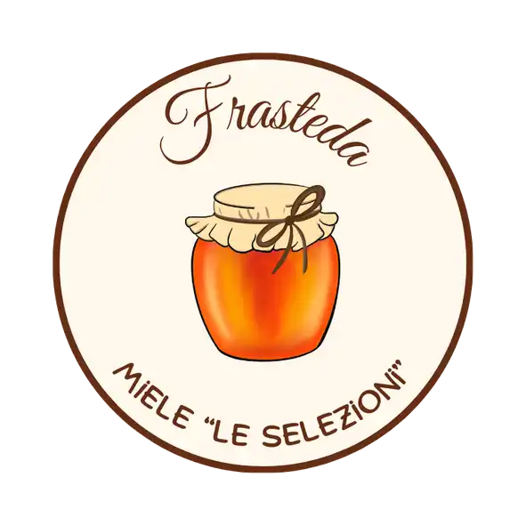 Un'etichetta circolare per un prodotto a base di miele, con un barattolo di miele con un tappo in tessuto e un fiocco, e il nome del marchio 'Frasteda Miele 'Le Selezioni''.