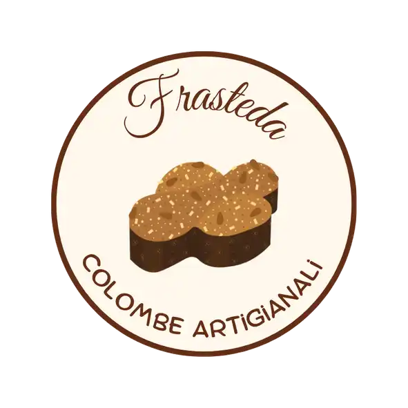 Un adesivo rotondo con un dolcetto simile a un biscotto con parte superiore marrone e macchie bianche, con le parole ’Frasteda’ e ’COLOMBE ARTIGIANALI’ scritte attorno.