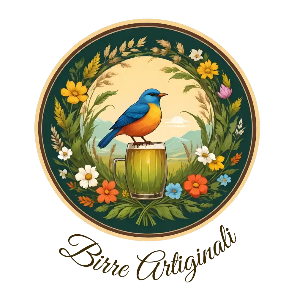 Un sottobicchiere rotondo con un uccello blu e arancione seduto su una tazza di birra, circondato da una corona di fiori e grano.