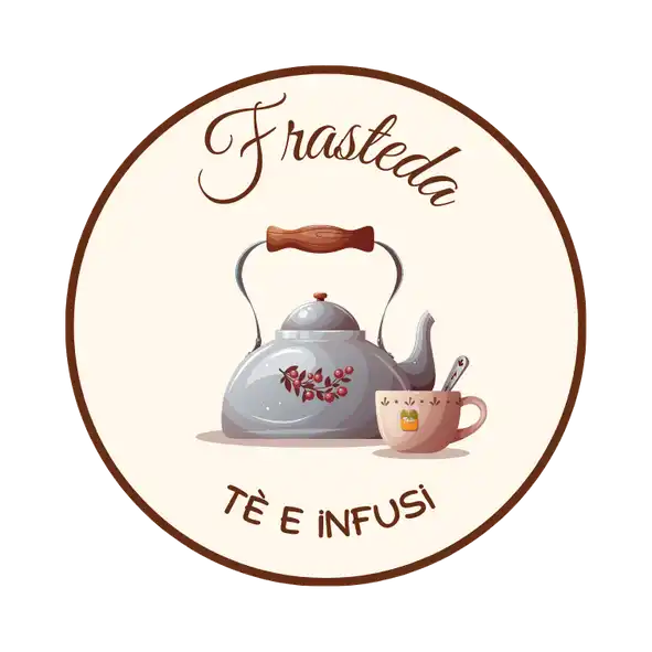 Un logo rotondo con una teiera e una tazza da tè in stile vintage.
