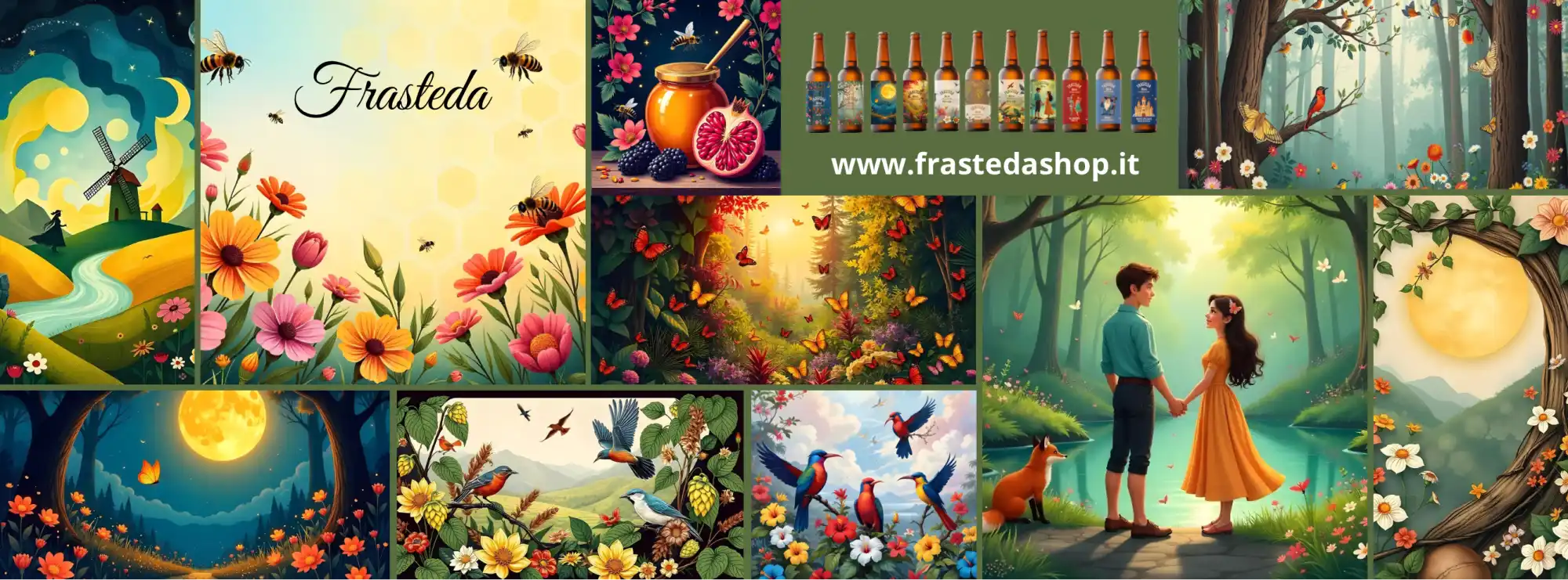 Un vivace collage di illustrazioni a tema naturale con un'immagine centrale di prodotti in bottiglia e un indirizzo web.